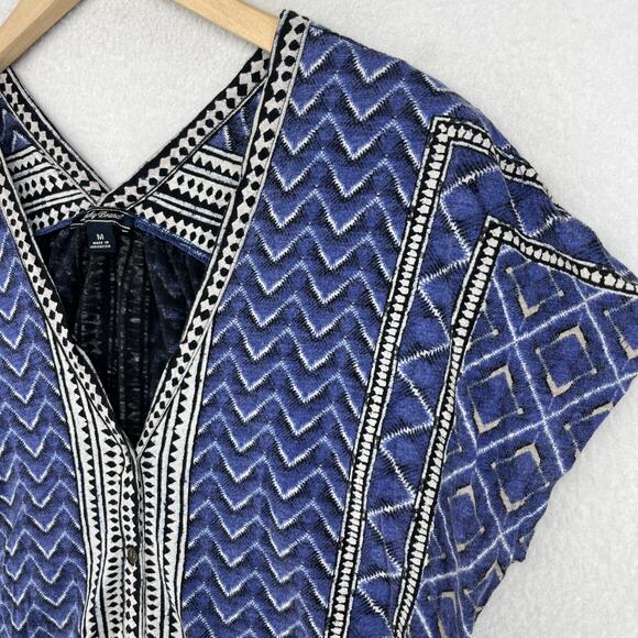 LUCKY BRAND Blouse M Chevron Double V-Neck Button Up Boho Tribal Cap Sleeve Blue - Picture 5 of 13